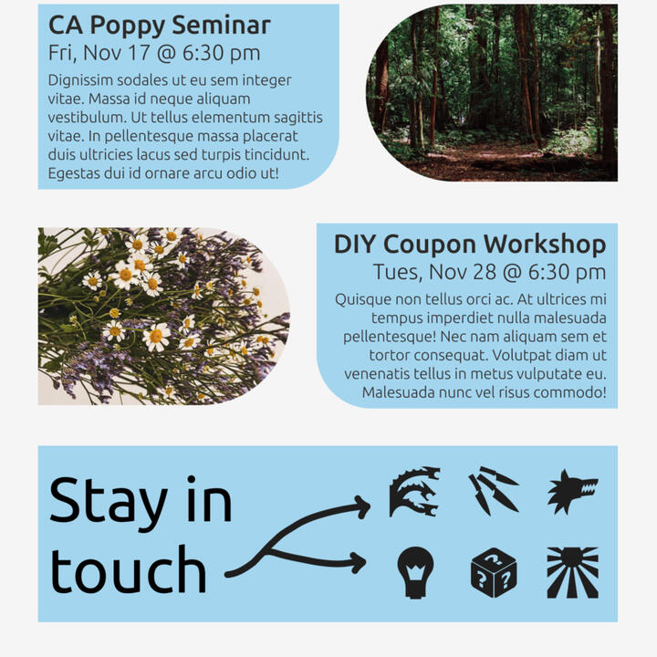 The bottom of an email mockup. Two columns split into two rows that each have a section for an event title and description and a splash image for the event. A footer that includes "Stay in touch" and arrows pointing to various icons standing in for social