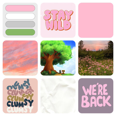 Nine images that feature pink, white, gray, and green tones, warmer in nature and featuring bubbly type.