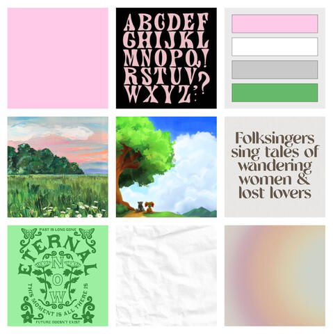 Nine images that feature pink, white, gray, and green tones, cooler in nature and featuring sharper, retro-style type.