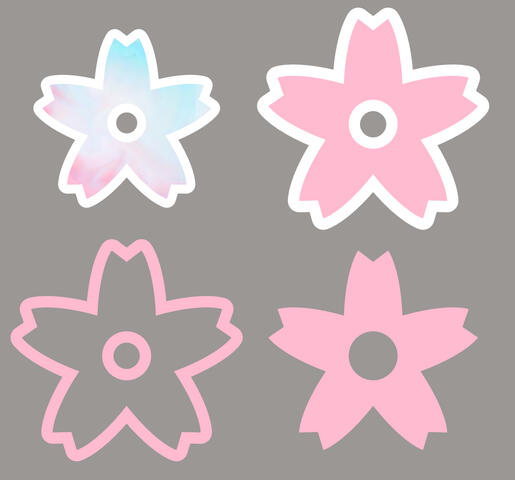 Four cherry blossom-shaped icons, in solid pink, pink with white outline, pink outline, and blue/white/pink with white outline.