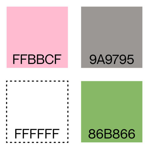 The colors FFBBCF (pink), 9A9795 (gray), FFFFFF (white), and 86B866 (green) in four squares.