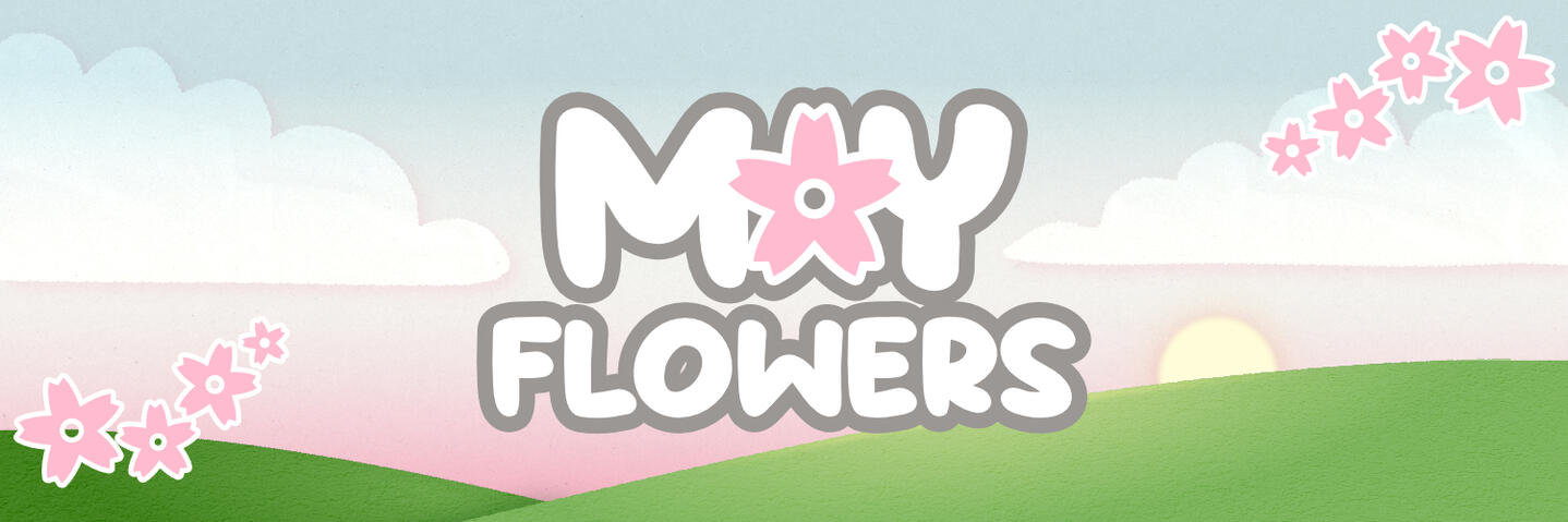 The MayFlowers logo and stamps of the cherry blossom icon over the Overlay Background. Cropped to fit Twitter/X banner dimensions.