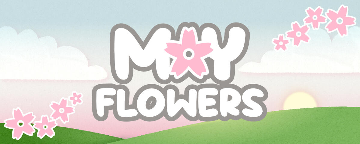 The MayFlowers logo and stamps of the cherry blossom icon over the Overlay Background. Cropped to fit Twitch banner dimensions.