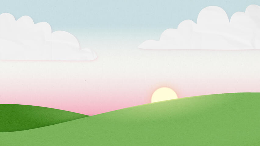 A papercraft-style illustration of a sun peeking out from behind two hills. The sky gradates from blue (top) to white (middle) to pink (bottom). Two clouds sit on either side of the sky in the top of the frame.