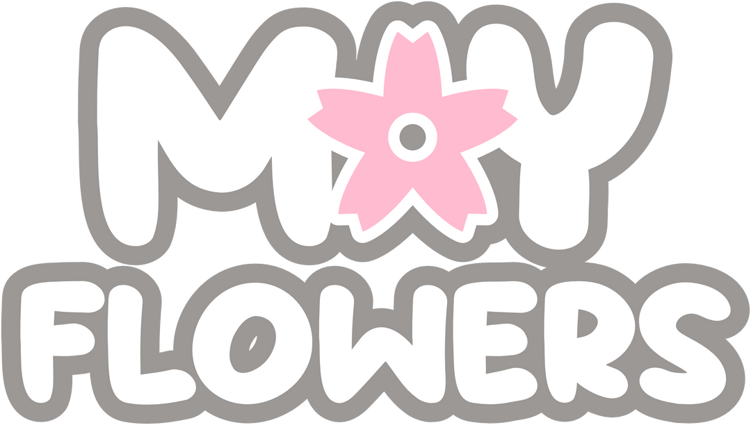 Text that reads MAYFLOWERS. "MAY" is stacked on top of "FLOWERS" and the A in MAY is replaced with a pink cherry blossom icon. The text is white, and the design is outlined in gray.